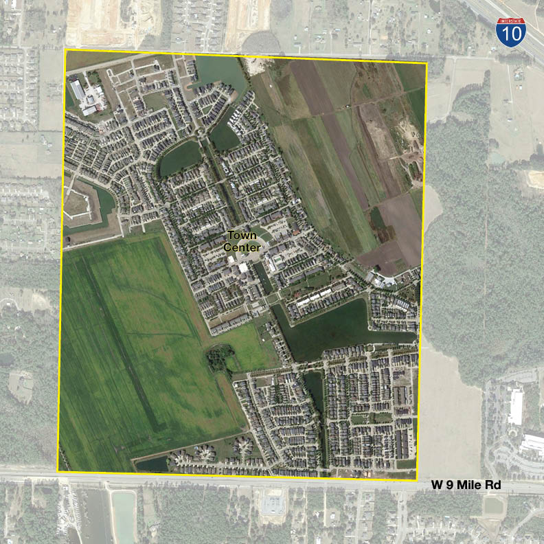 a scale comparison of New Town St Charles and DPZ built community and the OLF8 site